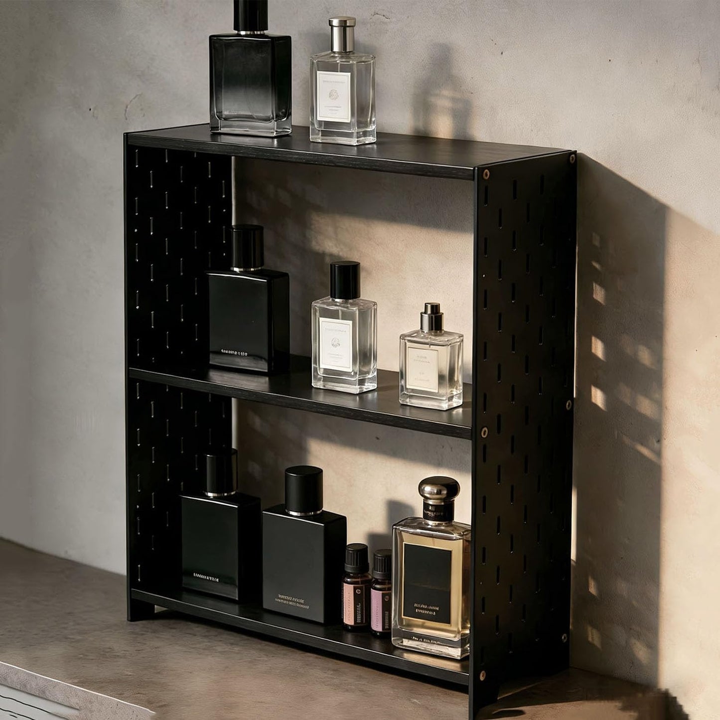 SANRETAHO Bamboo Cologne Organizer for Men, 3-Tier Perfume Organizer, Makeup Display Shelf for Vanity, Bathroom Counter Organizers and Storage Shelf, Black