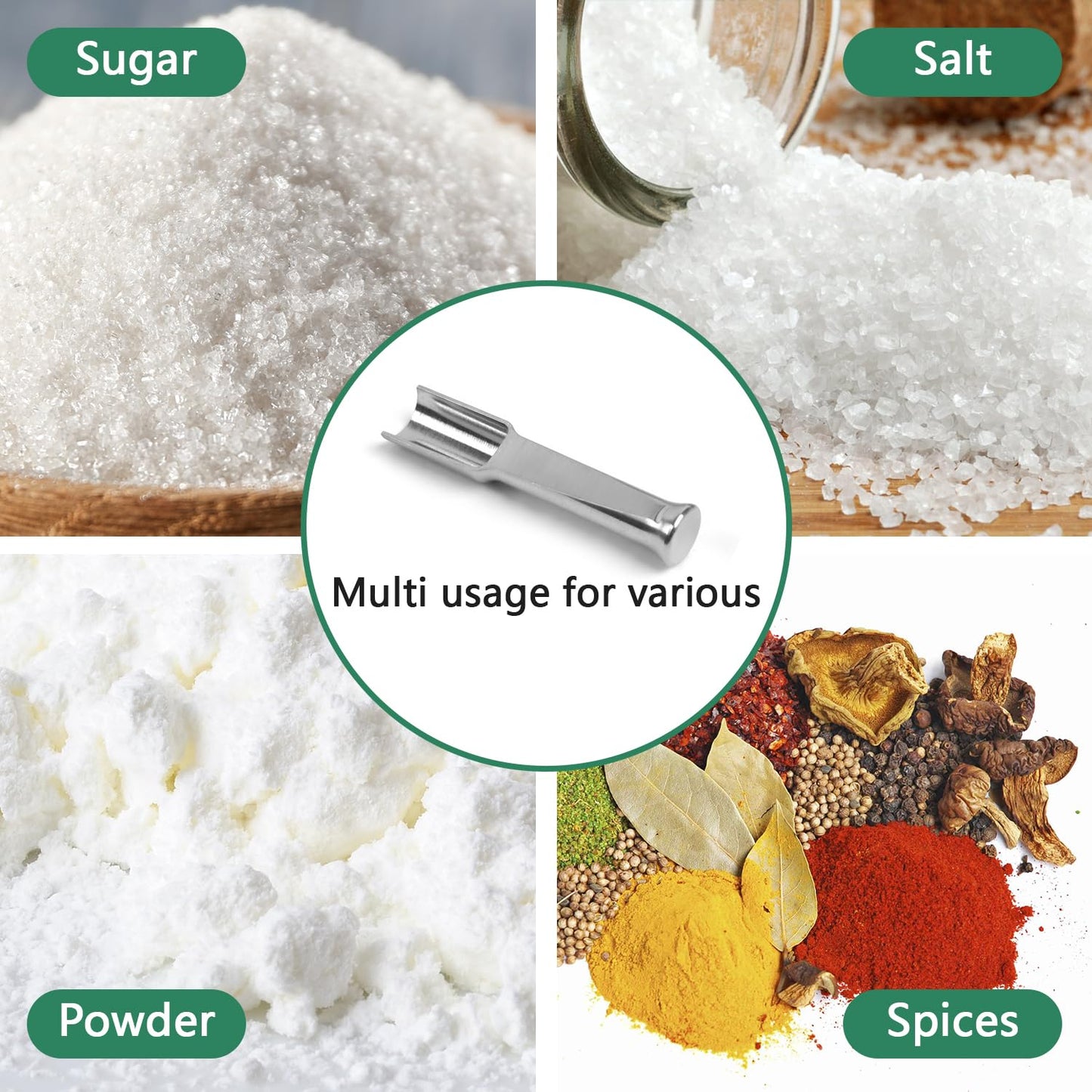 Mini SS304 stainless steel scoop with tamp tool,0.1 gram capacity 1.79 inch spoon for multi-purpose use sugar salt powder spices dishwashers safe for kitchen laboratory