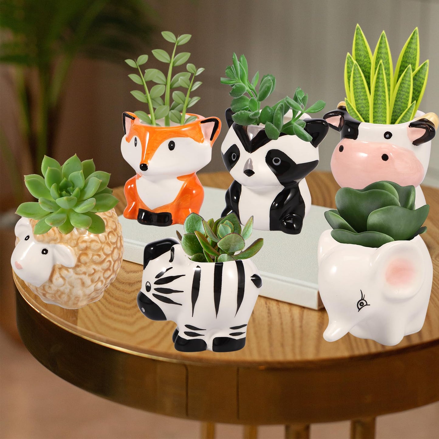 KTZCTPCA 6Pcs Animal Ceramics Planter, 3" Cartoon Ceramic Succulent Pots with Drain Holes and Bamboo Tray, Ceramics Planter Cute Animal Ceramic Succulent Pots Flower Container for Succulents, Herbs