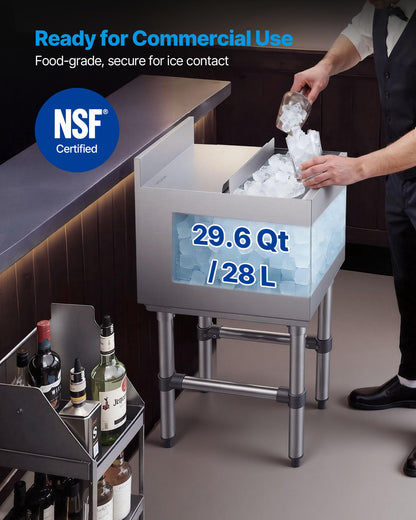 VEVOR Commercial Ice Bin, 29.6 Qt Max Capacity, 12 x 19 x 33 Inch Stainless Steel Ice Chest with Sliding Lid and Bottle Holders, Cooler Cart Cocktail Unit for Bar Restaurant Pub, NSF Certified