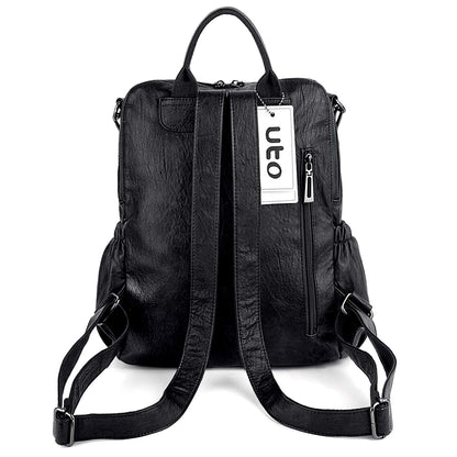 UTO Laptop Backpack Womens Teenage Girls School Bag Ladies Travel Rucksack Multi Compartments Anti Theft Pocket PU Leather Black