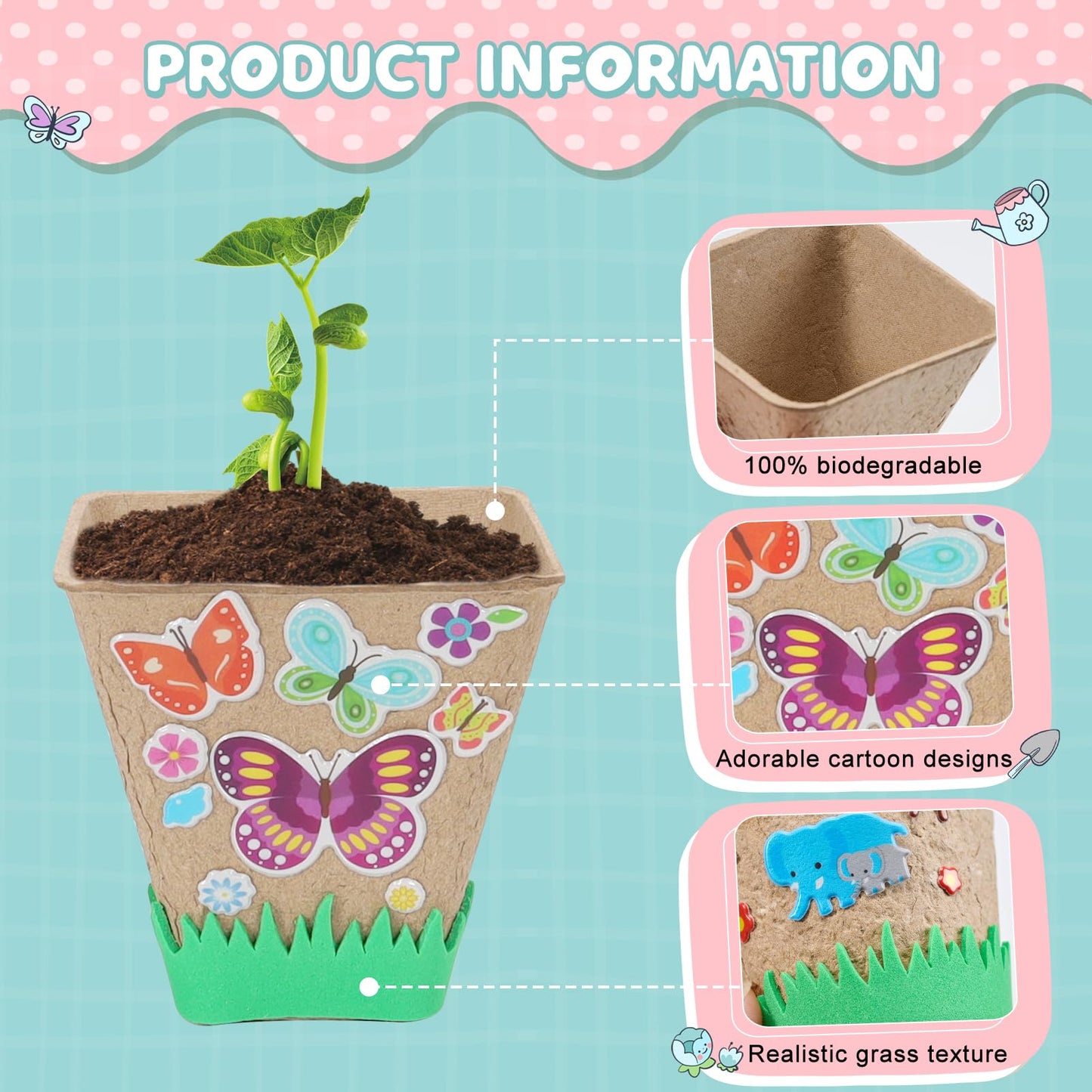 NNG 20 Set Garden Paper Pot Craft Kit,20Pcs Square Paper Mache Pots Peat Plant Pots with 200pcs Adhesive Foam Stickers & 20Pcs Pots Labels,Flower Plant Spring Craft for DIY Flower Planting