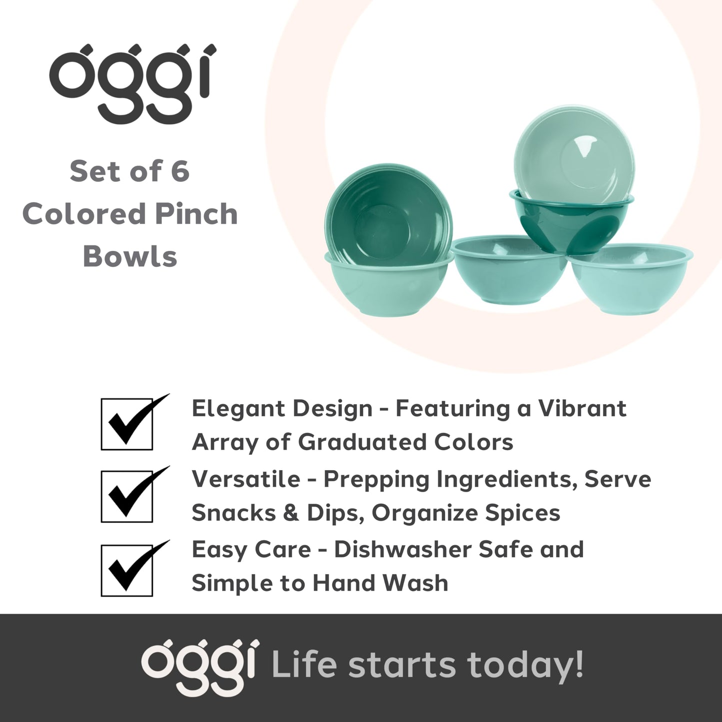 Oggi Set of 6 Colored Pinch Bowls - 4.5" / 11.4cm Diameter, Ideal Salt & Pepper, Dip, Condiments, Mini Bowls, Prep Bowls for Cooking, Mise en Place Bowls, Charcuterie