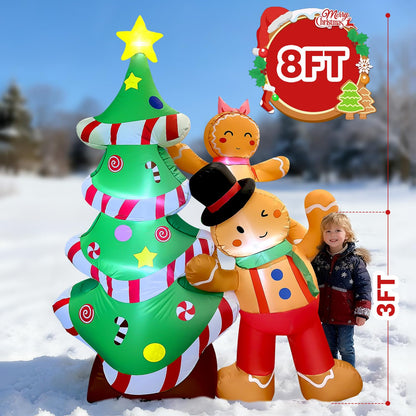 GVDV 8FT Inflatable Christmas Tree with Gingerbread Man Clearance,Giant Outdoor Christmas Inflatables Decoration with Bright LED Lights,Fast Blow Up Christmas Lawn Inflatables with Stakes & Sandbags