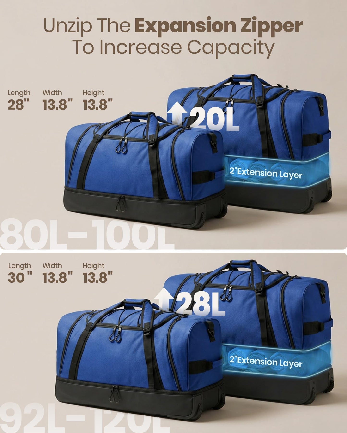 Fanwoli Extra Large 120L Expandable Rolling Duffle Bag with Wheels, 30" Foldable Heavy Duty Duffel Backpack, Durable Water Resistant Collapsible Bag for Moving, Camping, College Dorm