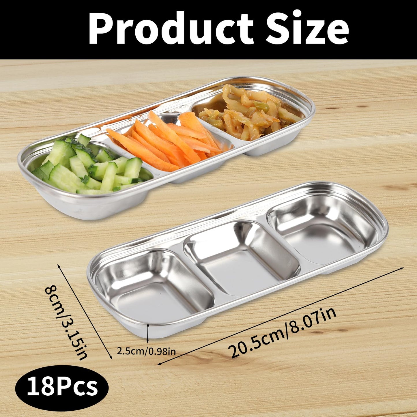18 Pcs Soy Sauce Dishes, Stainless Steel Divided Dip Bowls, Korean 3-Compartment Sauce Plates for Home Restaurant BBQ, Vinegar, Spices, Ketchup, Salt, Sugar, and Flavors