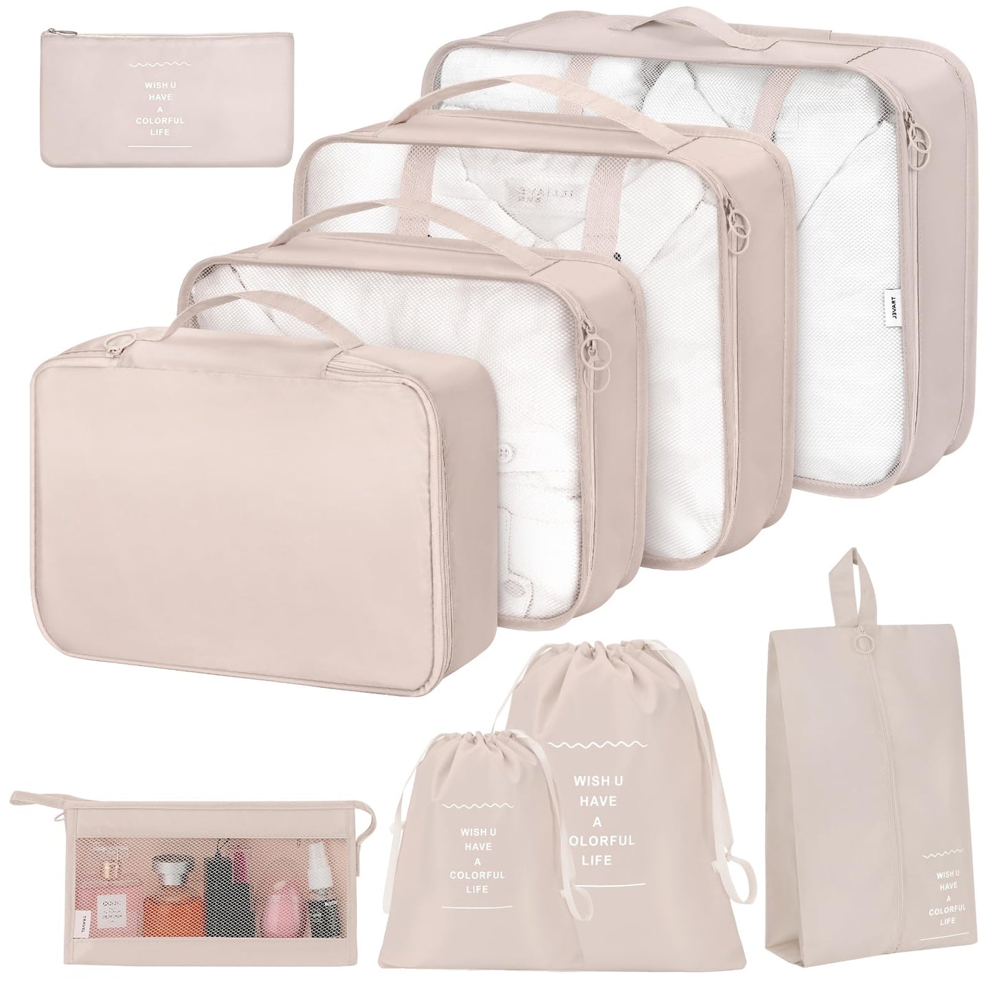 9 Set Packing Cubes for Suitcases,Packing Cube with Shoe, Cosmetics, Clothing, and Accessories Bags Packing Cubes for Travel Luggage Organizer Women Men(Beige)