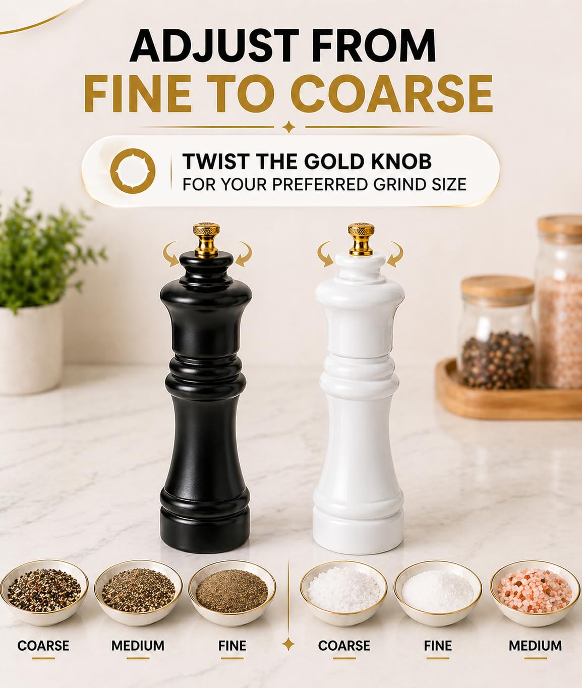 AAB Kitchen Tools Wooden Black and White Manual Refillable Large Salt and Pepper Grinder Set, Shaker with Adjustable Ceramic Grinding Mechanism for Customized Coarseness, 8 Inches, Pack of 2
