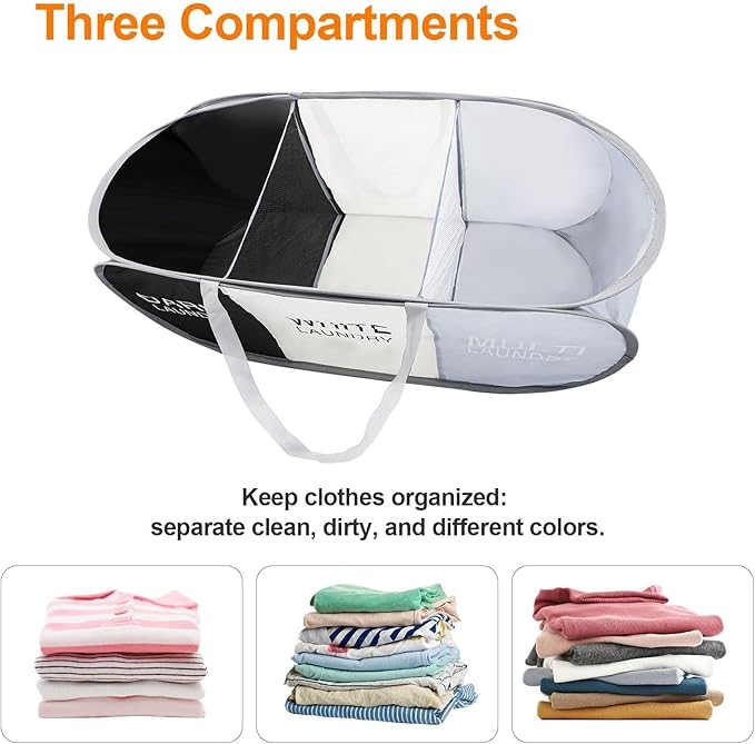 EEEKit 100L Pop Up Laundry Basket, 3 Sections Large Capacity Oxford Cloth