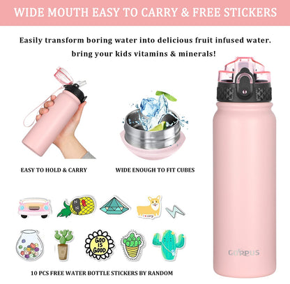 GOPPUS 600ml/20oz Stainless Water Bottle with Straw Double Wall Insulated Bottles with Strap Reusable Vacuum Thermal Flask Leakproof Keep Cold Drinks Bottles with Flip Top Lid for Men Women BPA Free