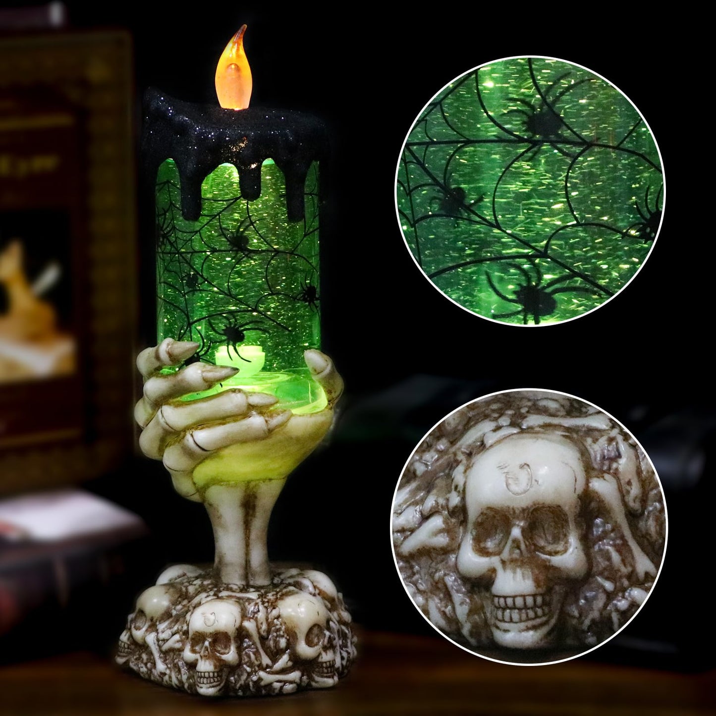 Eldnacele Halloween Snow Globe Candles Lighted Lamp USB Powered Battery Operated Spooky Spinning Water Glittering Tornado Flameless Candles Skeleton Hand Holder Halloween Centerpiece Decor(Spider)