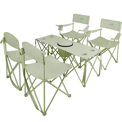 5 Pcs Camping Chair and Folding Camping Table Set, Outdoor Folding Picnic Chairs Lawn Portable Camp Table with Cooler Bag & Cup Holder for Camping, Fishing, Sporting Events, Support 500lbs, Green