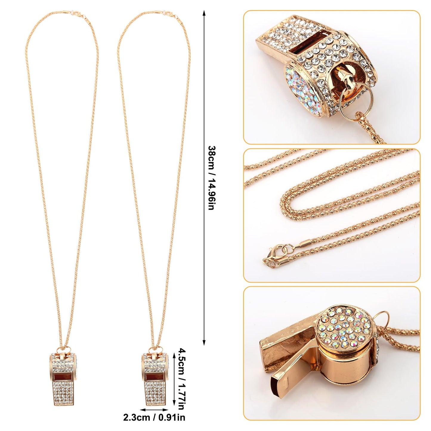 Gosknor 2pcs Gold Diamond Metal Bling Crystal Rhinestone Whistles with Golden Chain Lanyard Shining Loud Sound Sports Gift Gear for Referees, Teachers, Officials, Basketball, Football Training