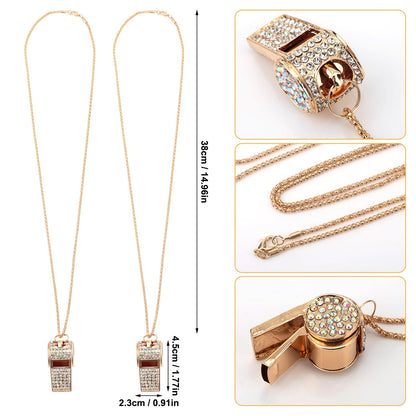 Gosknor 2pcs Gold Diamond Metal Bling Crystal Rhinestone Whistles with Golden Chain Lanyard Shining Loud Sound Sports Gift Gear for Referees, Teachers, Officials, Basketball, Football Training