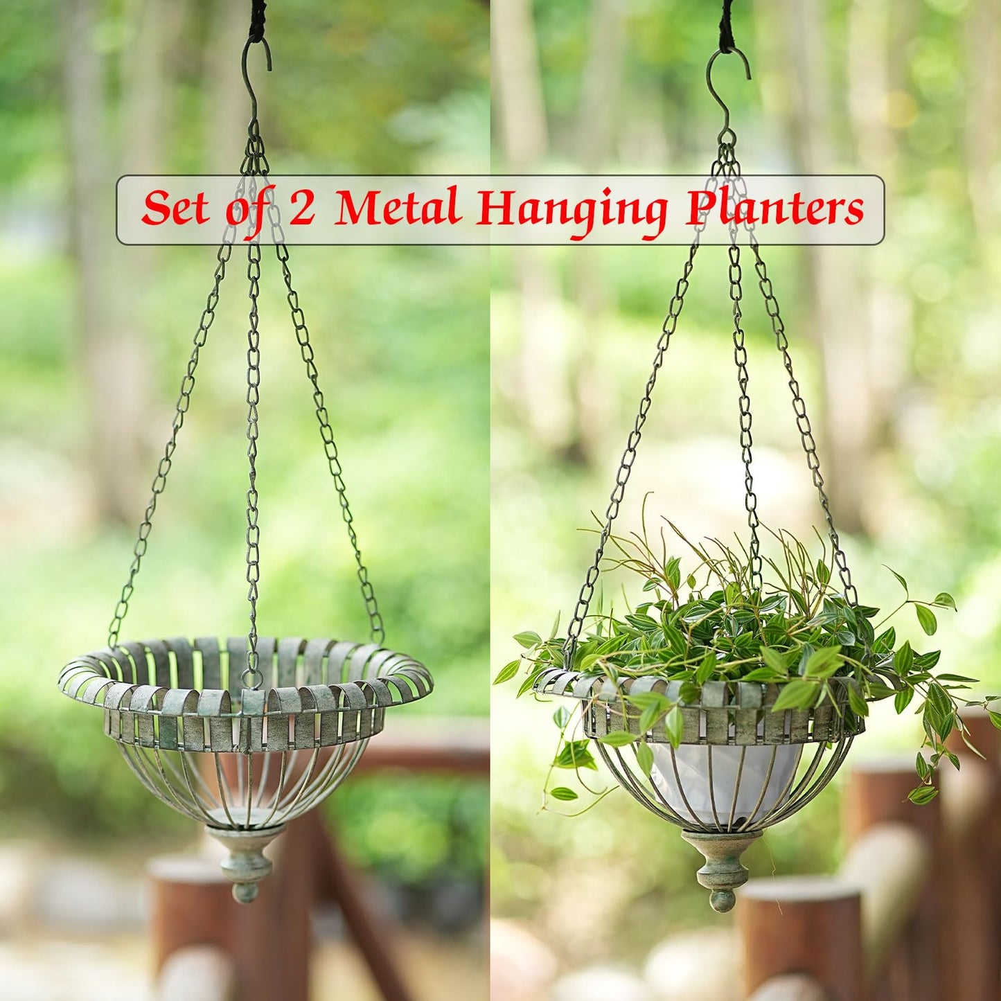 HUWAIPL Set of 2 Metal Hanging Planters,Hand-Crafted Rusty Hanging Basket Plant Holder for Outdoor Indoor Garden, Patio, Deck, Porch, Flower Pots