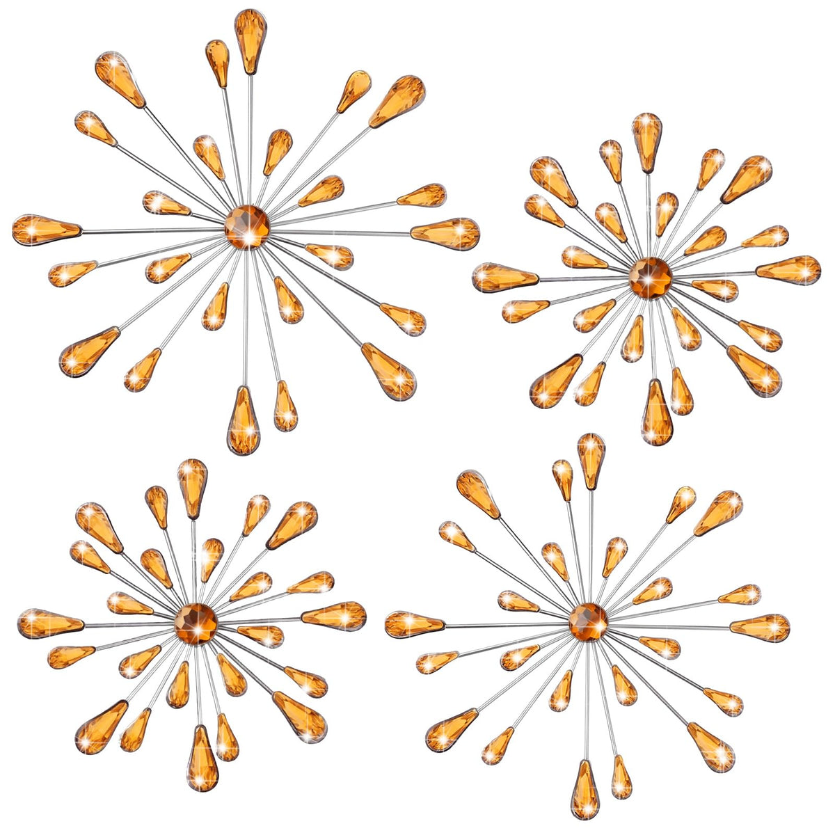 Hicarer 4 Pcs Starburst Wall Decor Bling Wall Art Crystal Teardrop 3D Hanging Rhinestone Radial Metal Artwork Modern Accent Sculptures Decorations for Living Room Home Office Bedroom(Amber)