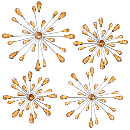 Hicarer 4 Pcs Starburst Wall Decor Bling Wall Art Crystal Teardrop 3D Hanging Rhinestone Radial Metal Artwork Modern Accent Sculptures Decorations for Living Room Home Office Bedroom(Amber)