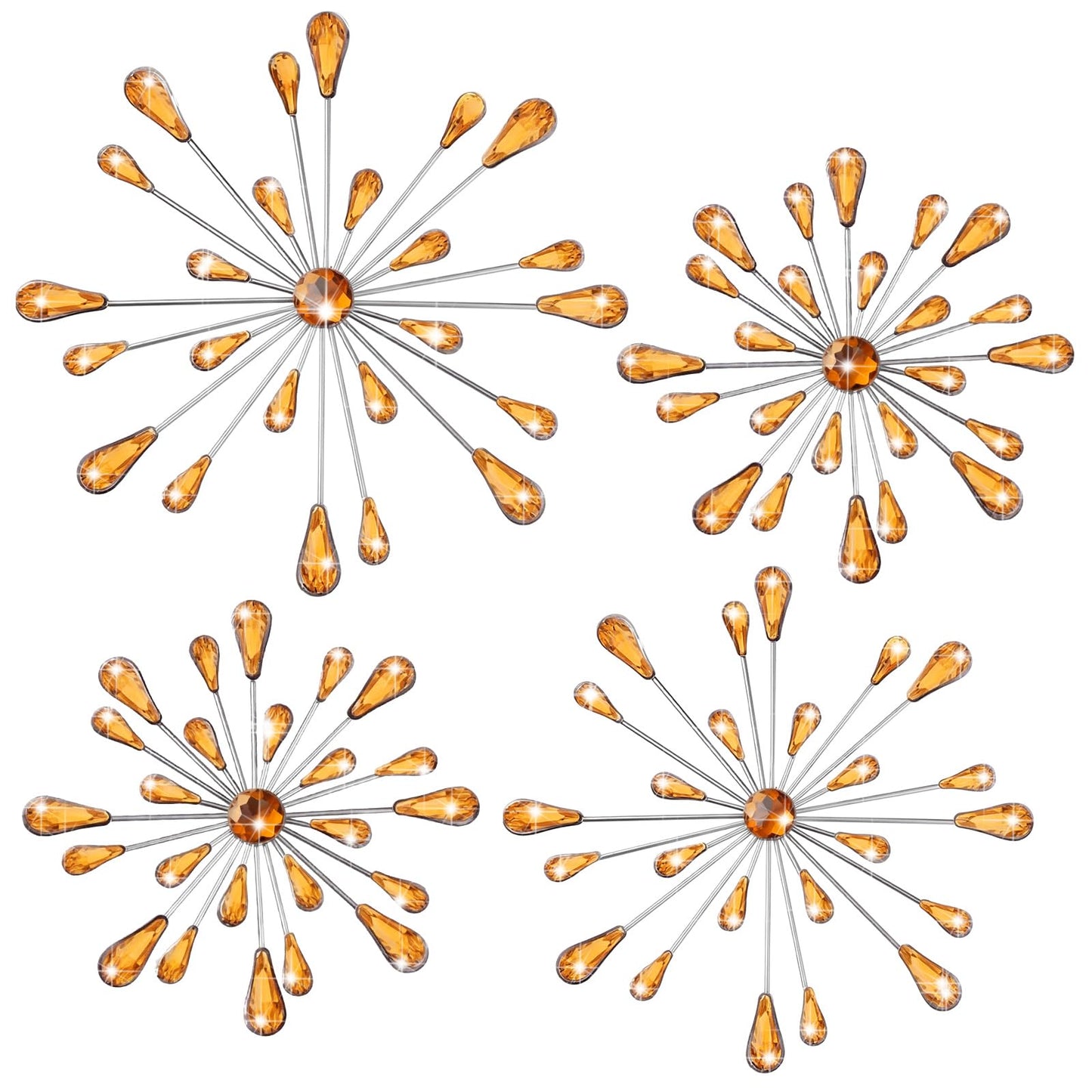 Hicarer 4 Pcs Starburst Wall Decor Bling Wall Art Crystal Teardrop 3D Hanging Rhinestone Radial Metal Artwork Modern Accent Sculptures Decorations for Living Room Home Office Bedroom(Amber)