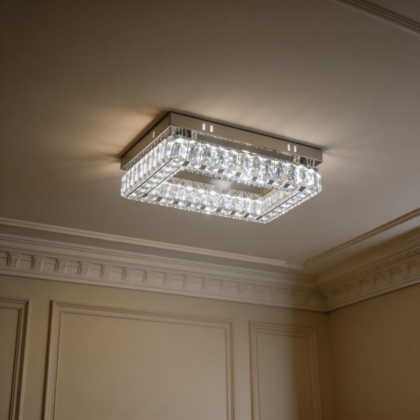 Finktonglan Modern Crystal Flush Mount Ceiling Light, 11.8" Rectangular LED Ceiling Fixture with Multi-Faceted Crystal Prisms, Cool White, 18W Low Profile for Bedroom Hallway Entryway
