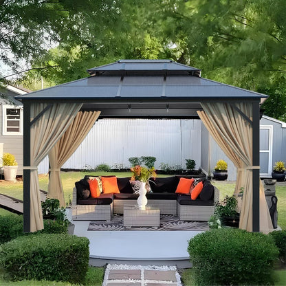 10' X 12' Hardtop Gazebo Canopy, Double Roof Canopy with Netting and Curtains, Outdoor Aluminum Frame Pergola, Heavy Duty Permanent Metal Pavilion for Patio Deck Backyard, Khaki