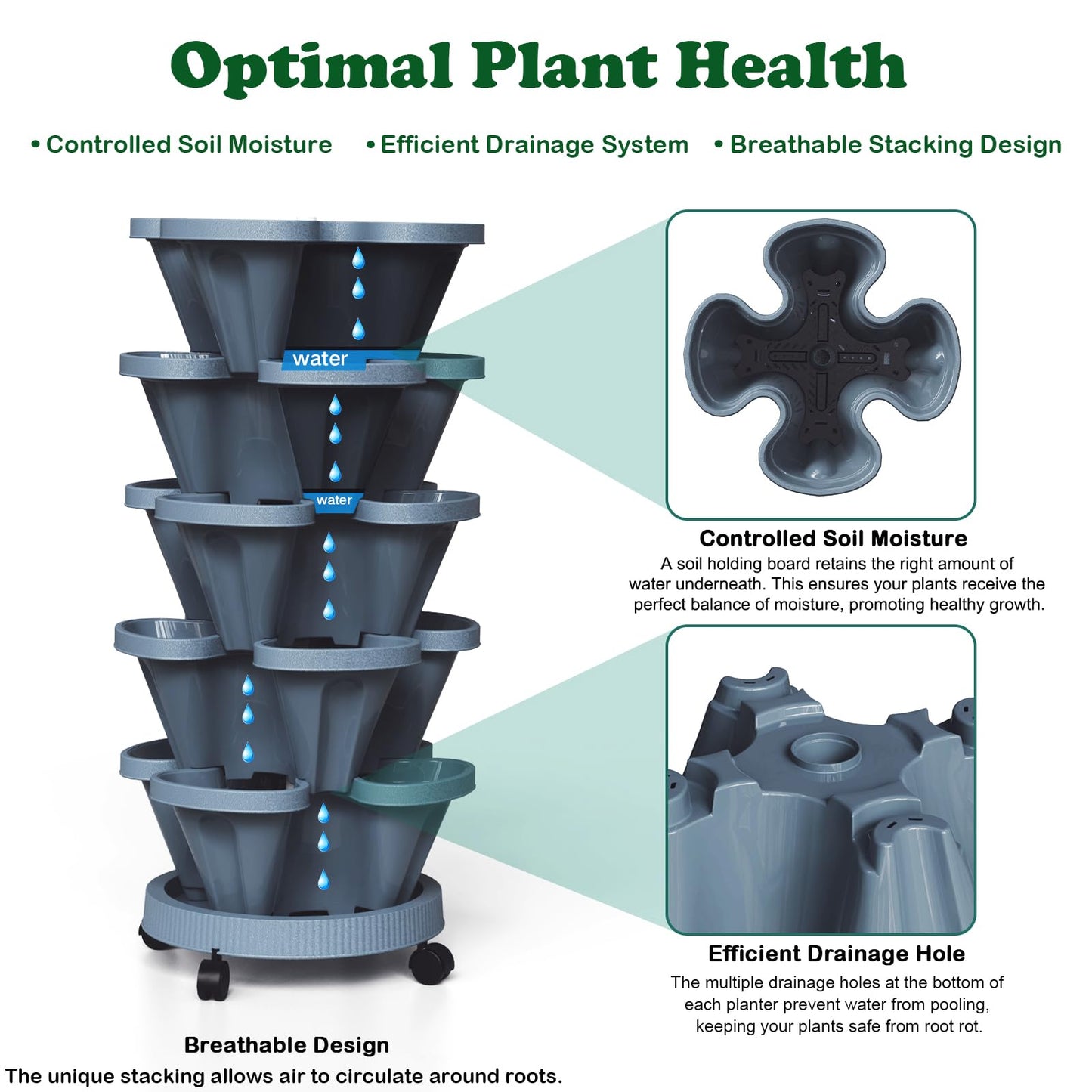 Lykvrii 7 Tiered Strawberry Planters 3 Pack, Vertical Stackable Planter, Herb Stacking Tower Garden, Flower and Vegetable Planters with Support Pole Indoor & Outdoor with Removable Wheels Dark Grey