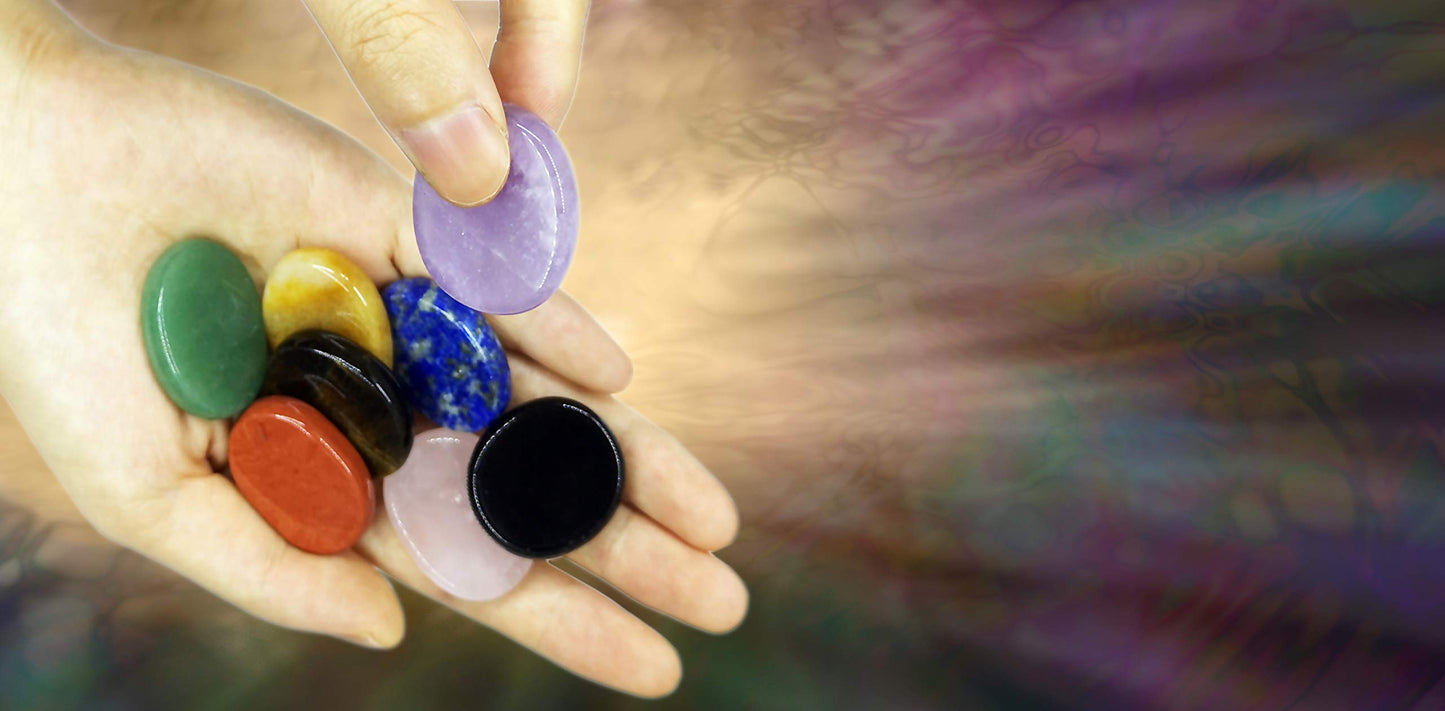 Worry Stones Set of 8 – Polished & Tumbled Crystals and Healing Rocks, Natural Chakra Worry Stones for Meditation, Grounding, Reiki, Anxiety & Stress Relief and Daily Calm