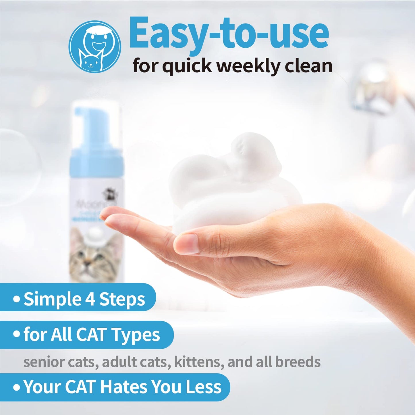 Mooncat Waterless Shampoo & Brush Kit for Longhair Cats | Complete Grooming System for Detangling, Deshedding & Matted Fur | Licking Safe No-Rinse Foam with Gentle Silicone Massager - Made in Taiwan