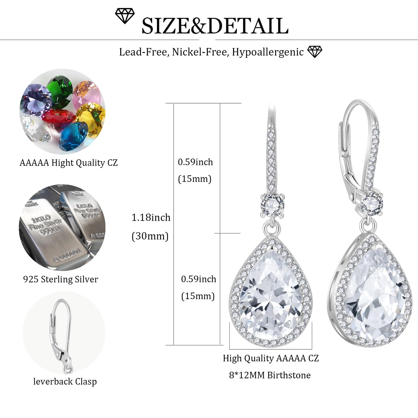 FYNSBLE Dangle Drop Earrings for Women,Sterling Silver White Birthstone Leverback Earrings Hypoallergenic Jewelry for Women