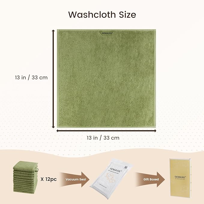SEMAXE 100% Cotton Washcloths 12-Pack, 13 × 13 Inch Soft Luxury Face Towels –