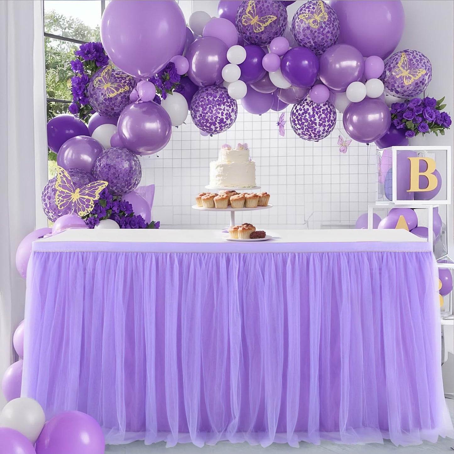 Tulle Table Skirt Tableware Table Cloth for Rectangle Tables or Round Tables Tutu Table Skirting for Party,Wedding,Birthday Party&Home Decoration (L6(ft) H 30in, Purple)