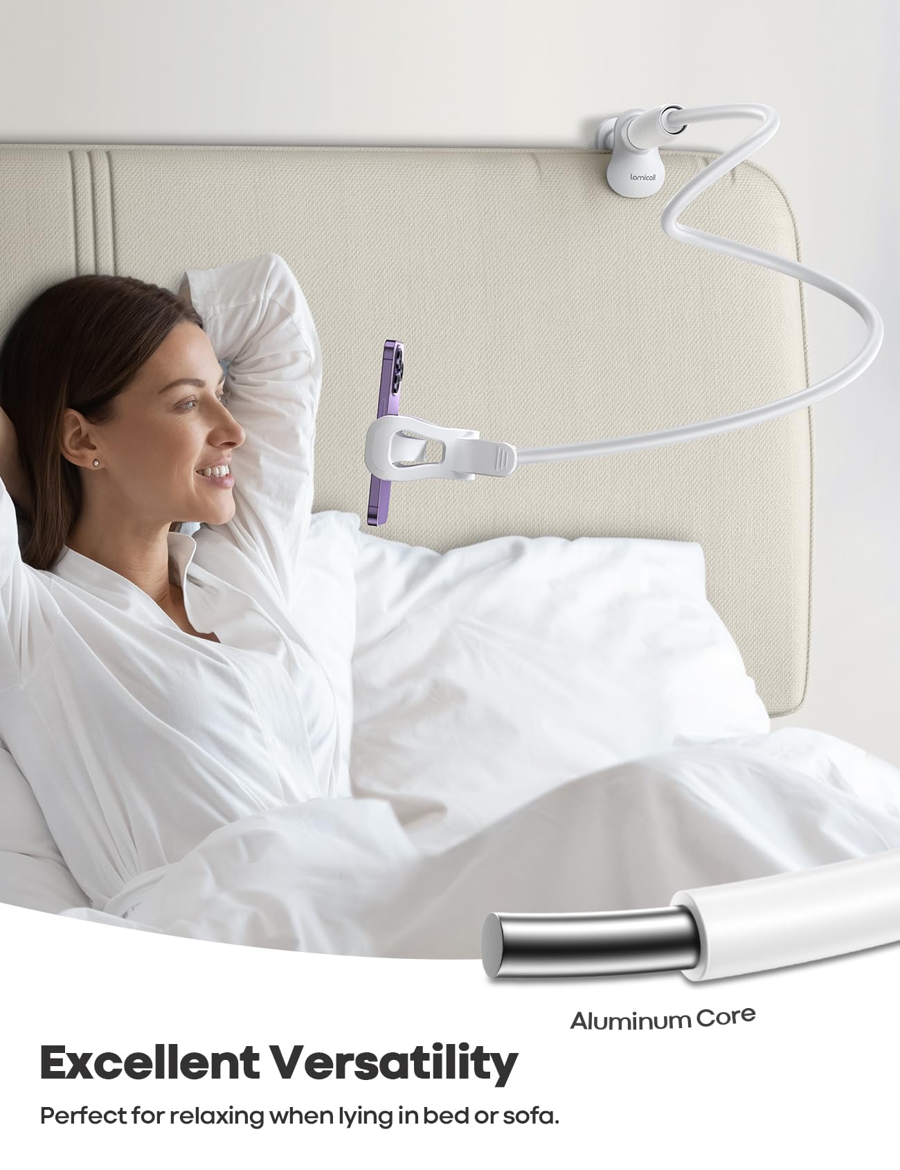 Lamicall Gooseneck Phone Holder for Bed - [Upgraded Stable Clip] for Desk, Headboard, Bed, Bedside, Table, Flexible Gooseneck Long Arm Stand, Overhead Cell Phone Clamp Mount, for All 4-7” Devices