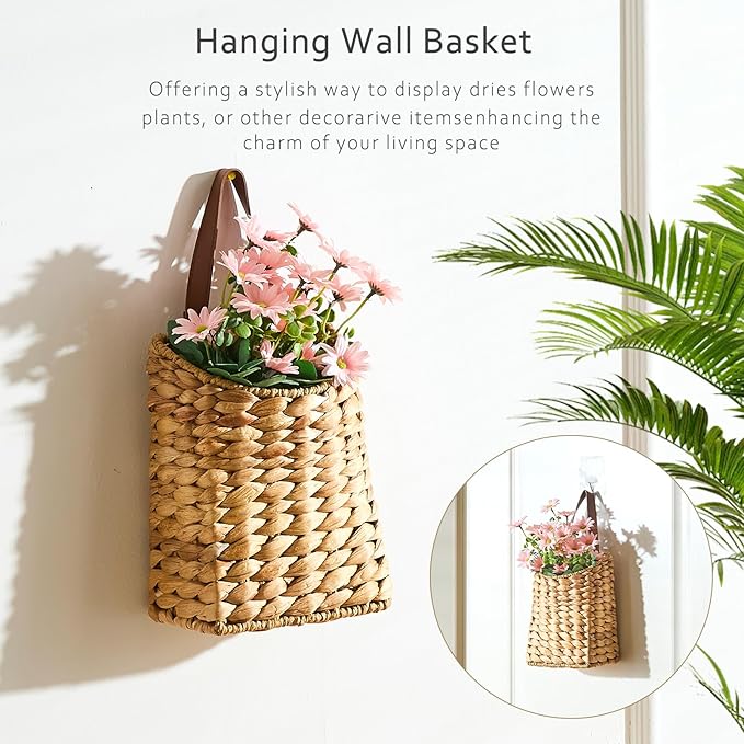 Wall Hanging Pocket Basket Portable Water Hyacinth Storage Basket Decorative