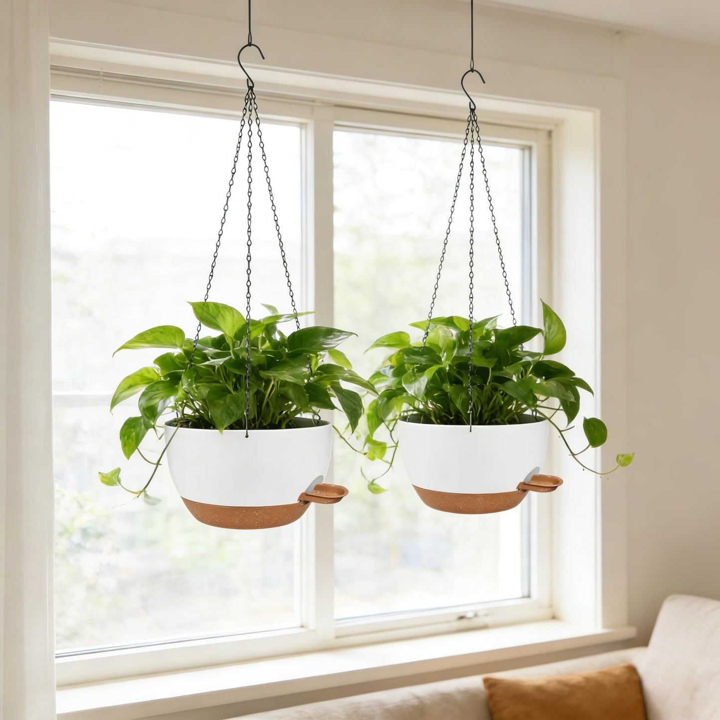 CNLBO 12 Inch Self Watering Hanging Planters 2 Pack, Indoor Outdoor Hanging Pots for Plants with Drainage Holes & Saucers, White Brown Plastic Hanging Baskets for Kitchen Balcony Garden