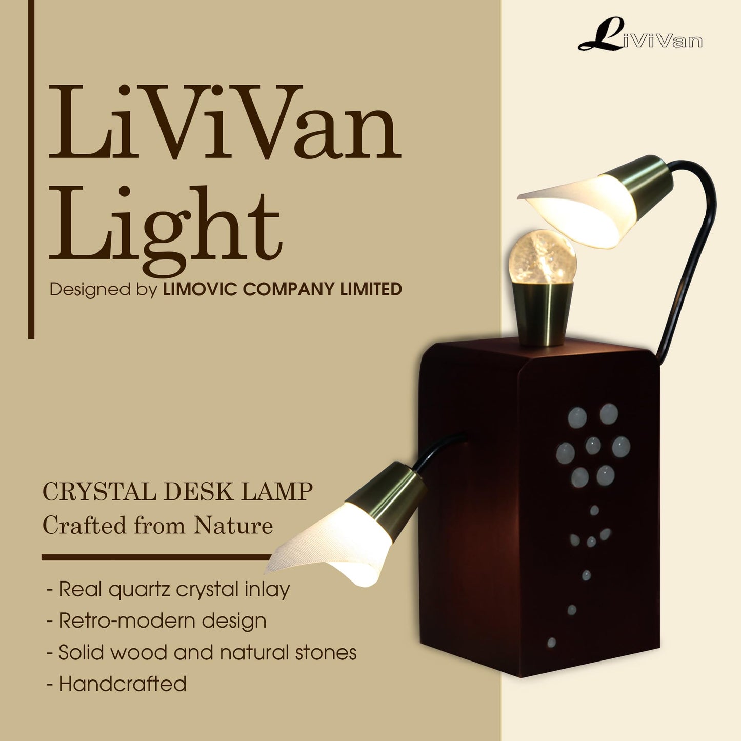 LiViVan Handmade Quartz Crystal Inlaid Desk Lamp, Modern Table Lamp, Rustic Industrial Bedside Lamp for Dorm, Office, Home, Improve Sleep Quality, Unique Gift for Housewarming - A05