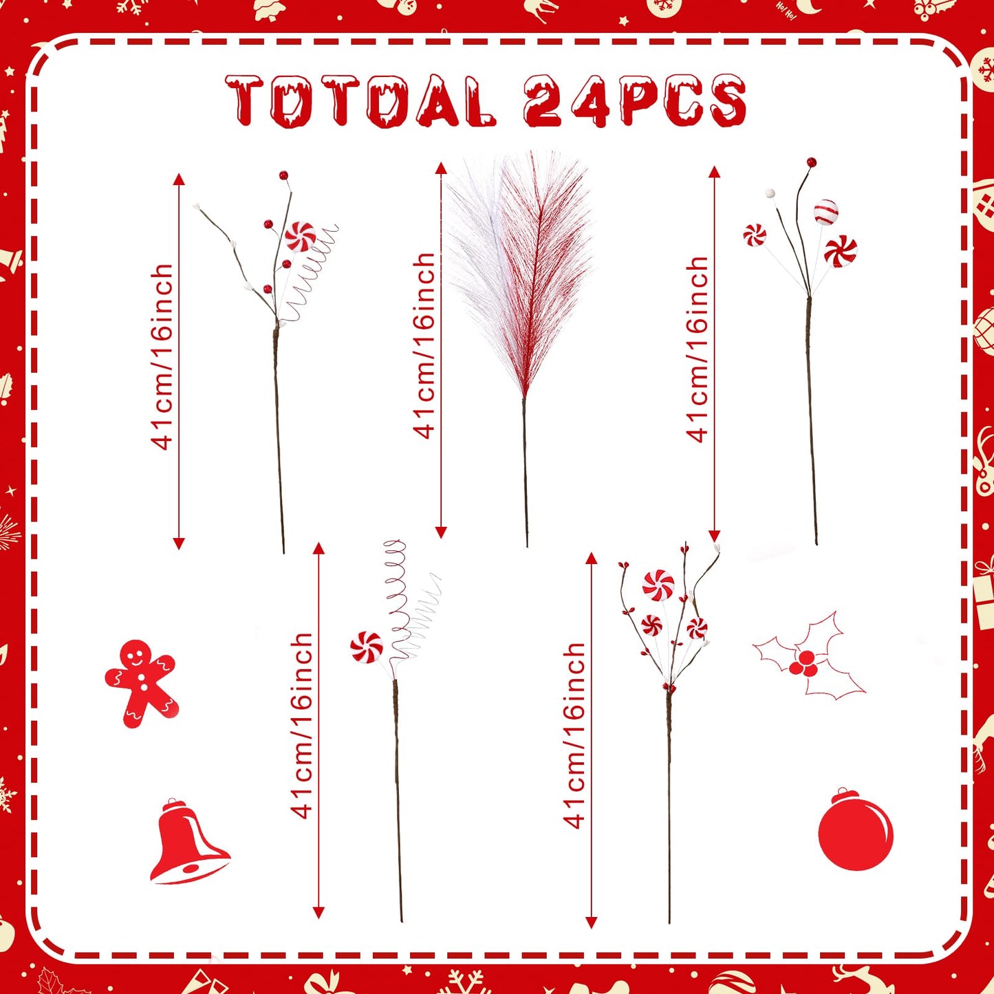 24 Pcs Christmas Candy Cane Picks Berry Lollipop Christmas Decoration 16 Inch Red and White Candy Cane Stem Christmas Tree Pick for Xmas Decor DIY Home Vase Filler Craft Wreath Holiday Party Ornament