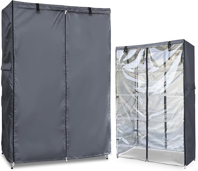 Waterproof Shelf Cover,600D Heavy Duty Dustproof Storage Wire Rack Covers,Outdoor Shelving Covers for Wire Shelves with Zipper 30''x14''x62'',Clear Front.