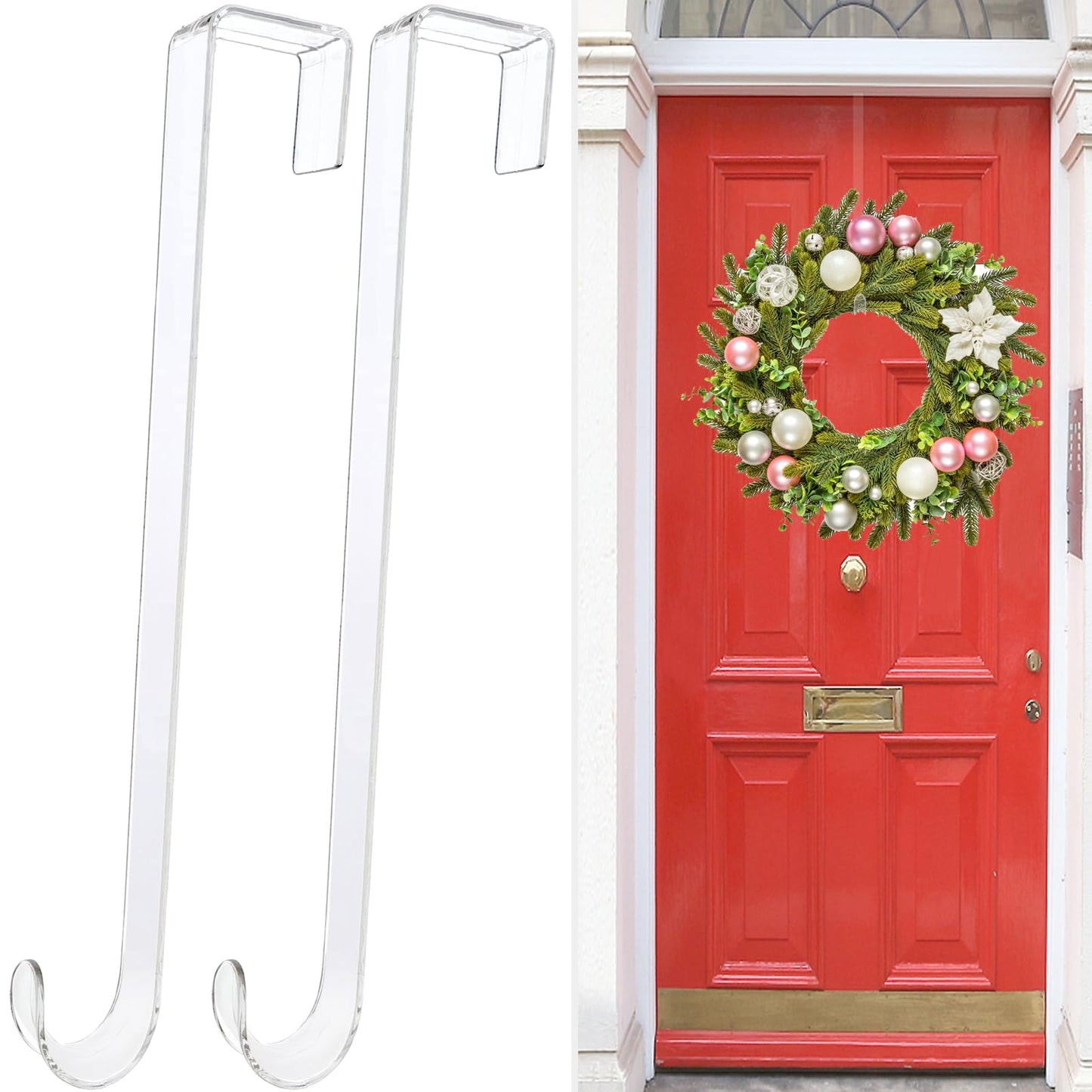 GREAZONE 12" Clear Wreath Hangers, 2 Pack Non Scratch Over The Door Hooks, Welcome Sign for Front Door Decor