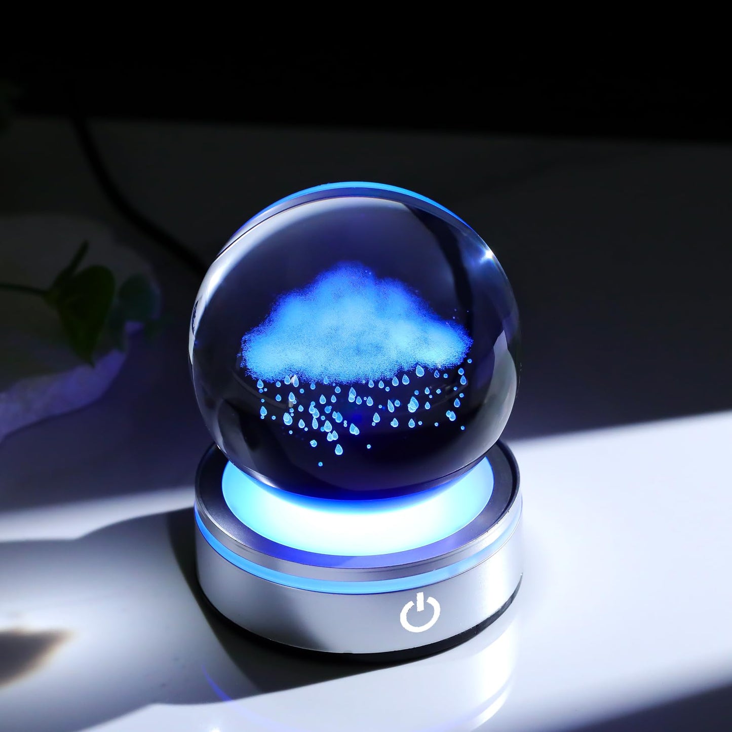 Arikyrist 3.15in. 3D Cloud and Rains Crystal Ball Gifts for Women Men, K9 Crystal Decorative Ball Engraved Cloud and Rains Figurine Paperweight with LED Light Base for Home Office Decoration
