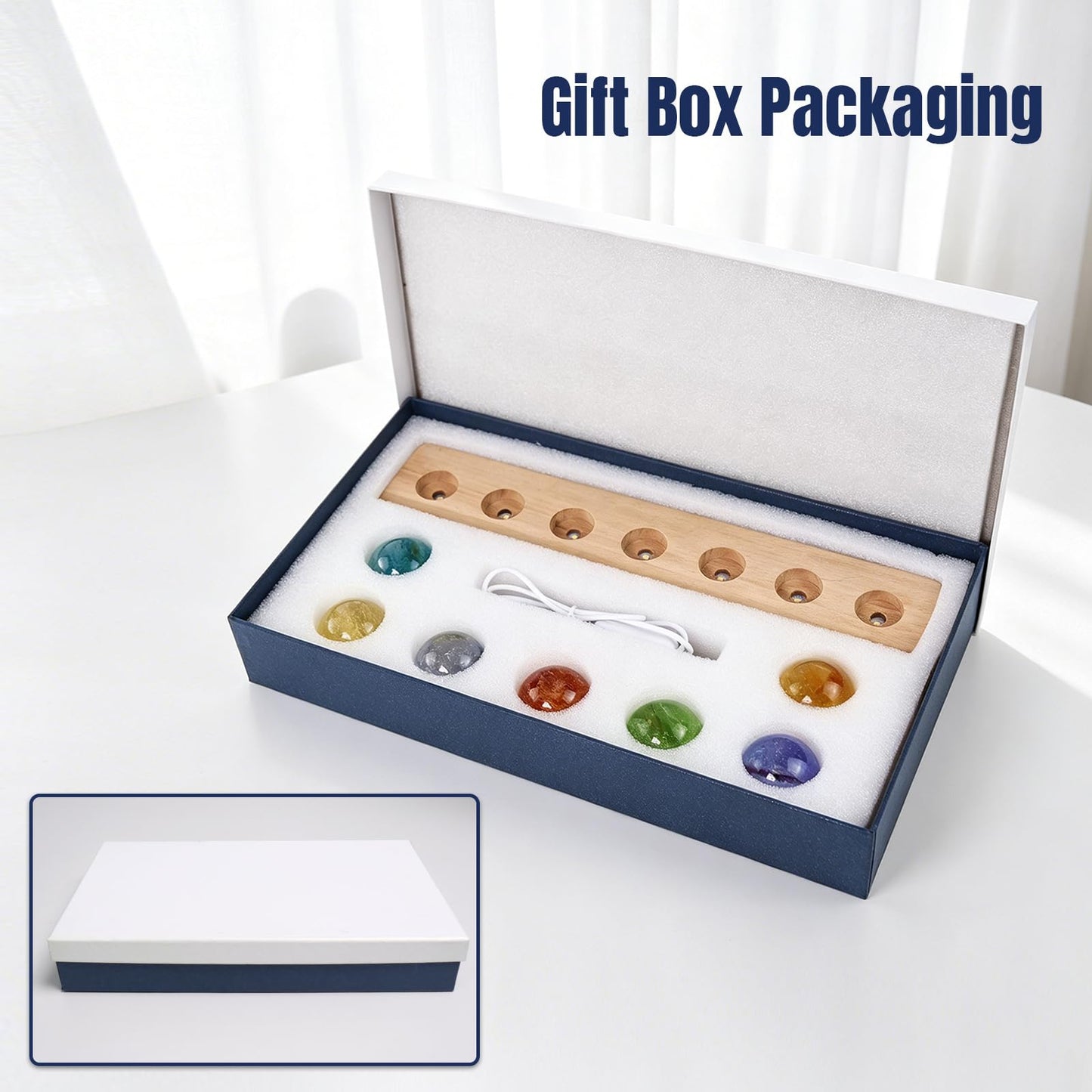 LOSCHEN 7 Chakra Natural Healing Spheres with LED Wooden Stand 40mm Crystal Quartz Stones for Meditation Energy Balancing Decor, Yoga Zen Home Office Desk Ornament