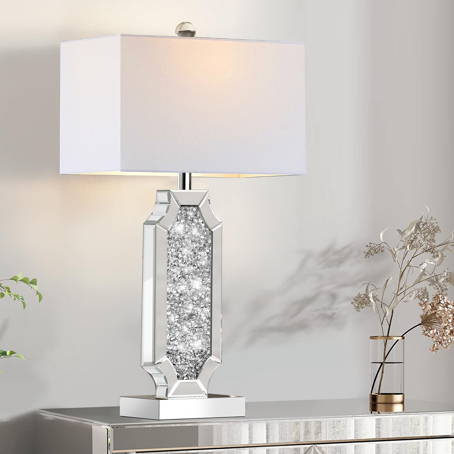 Hamucd 3-Way Dimmable Touch Diamond Crushed Mirrored Bedside Table Lamps Set of 2 for Living Room with USB A+C Ports,Tall Silver Modern Bling Nightstands Lamps for Bedroom with 2 Bulbs (Silver)
