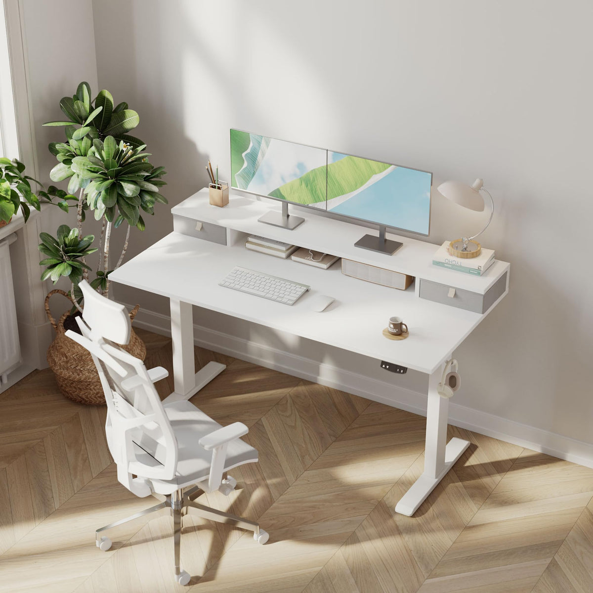Klicelor 55 x24 Inch Electric Standing Desk with Drawers, Adjustable Height Small Sit Stand Desk for Home Office, Compact Computer Workstation with Storage– White