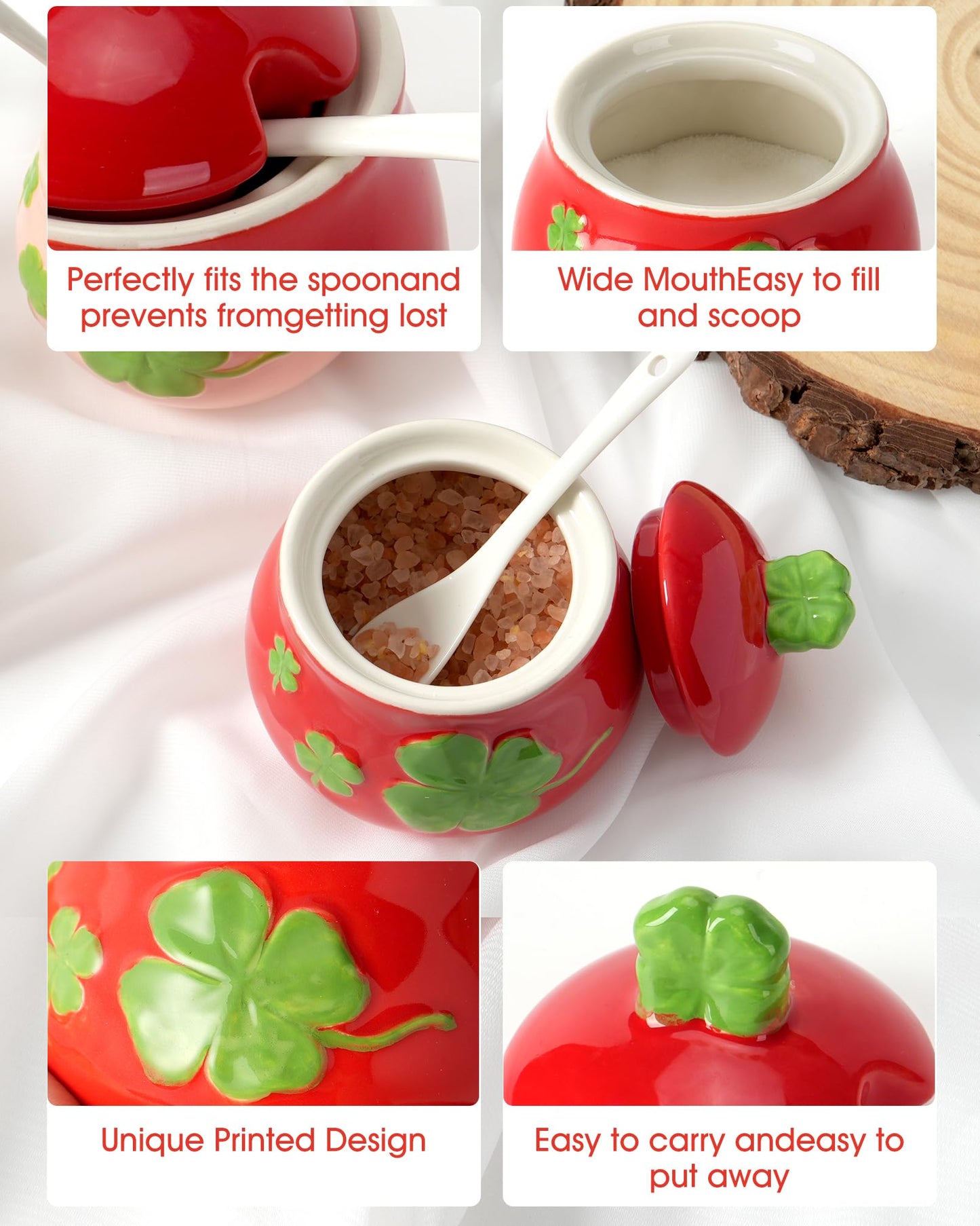 bwszrosa Ceramic Sugar Bowl Set of 2, Four-Leaf Clover Print Sugar and Salt Container with Lid and Spoon, Pink Red Decorative Spice Jar for Kitchen/Tea Time, Dishwasher Safe