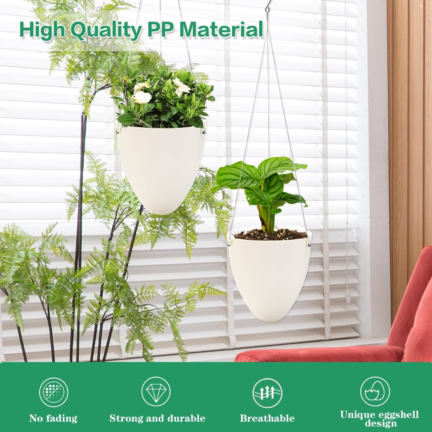 Sungmor 3 Pack Self Watering Hanging Planters, Unique Eggshell Shape Indoor Outdoor Hanging Pots for Plants, Modern White Plastic Flower Pots Home Decor Hanging Basket