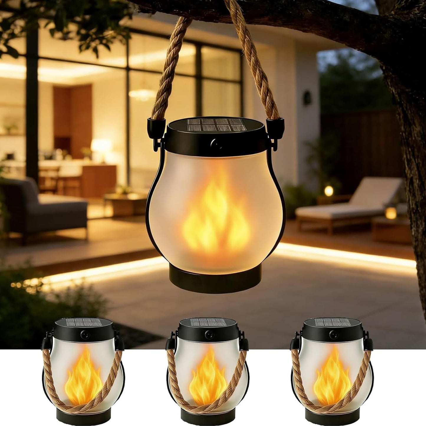 ATDEXT 4PCS Solar Lanterns Outdoor with Ultra-Real Flame, Outdoor Flickering Hanging Lights IP65 Waterproof, 2 Modes, Dual USB/Solar, Auto On/Off for Garden Yard Patio Porch Halloween Christmas Decor