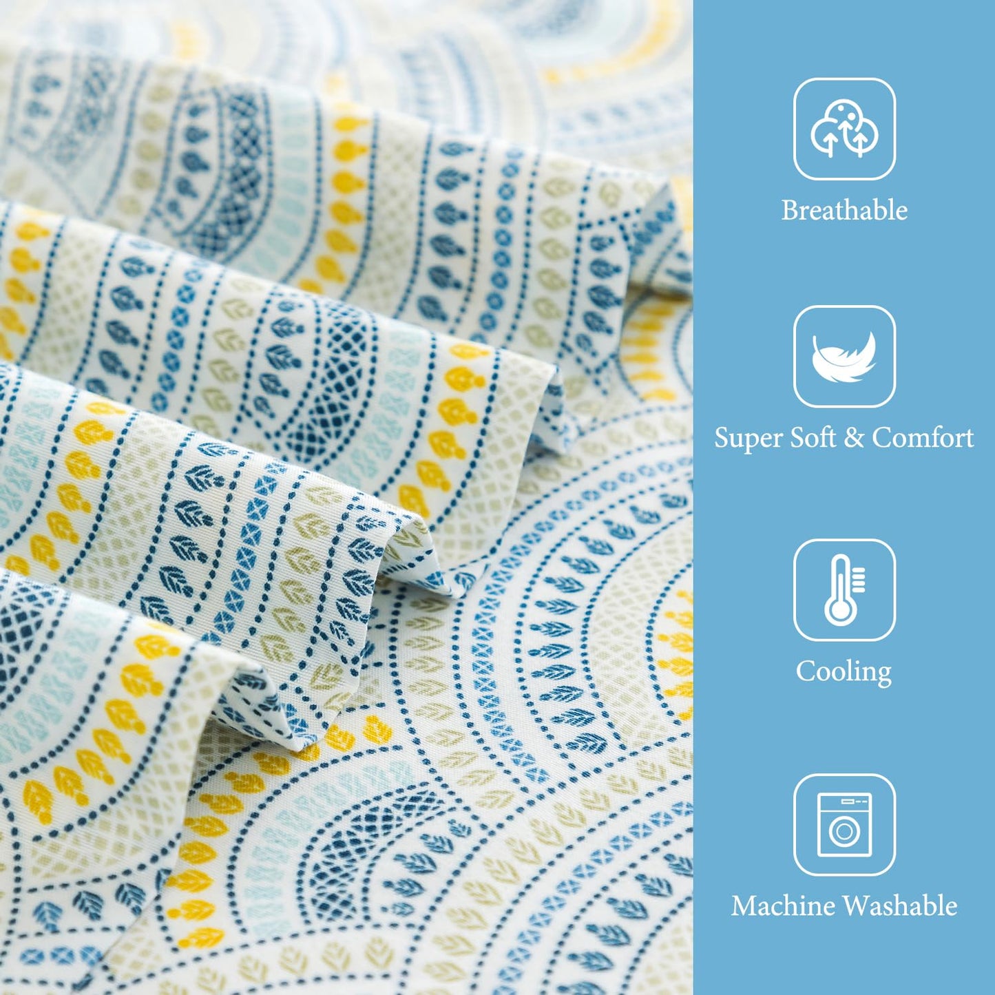 KACEMOO California King Sheet Set 4PC Boho Sheets Pattern Blue Printed Sheets Floral Bed Sheet Cooling Soft 17”Deep Pocket Microfiber Brushed Sheet, Easy Care, Breathable, Wrinkle Free Bed Sheet Set