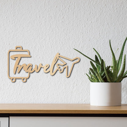 CREATCABIN Travel Wall Decor Laser Cut Wooden Words Unfinished Wood Hanging Wall Art Travel Theme Letter Sculpture with Airplane Suitcase Sign for Home Classroom Office Bedroom Decor 11.8x5.9 Inch
