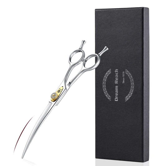 Dream Reach Dog Grooming Scissors - Professional Silver 7" Curved Trimming Shears for Dog Cat Pet Japanese 440C Stainless Steel