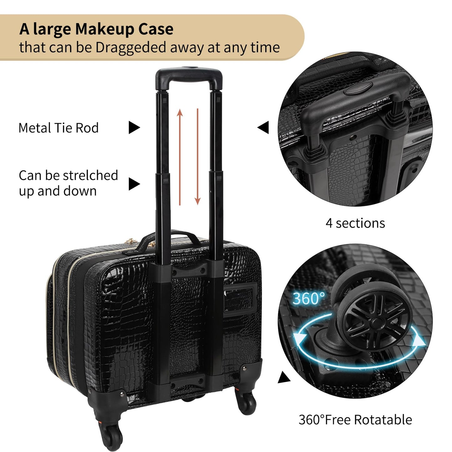 OCHEAL 18 Inch Rolling Makeup Train Case, Extra Large Travel Cosmetic Organizer Storage Trolley with Wheels, 3 Layers & 3 Travel Makeup Bags Carry On for Hairstylist Cosmetology Artist