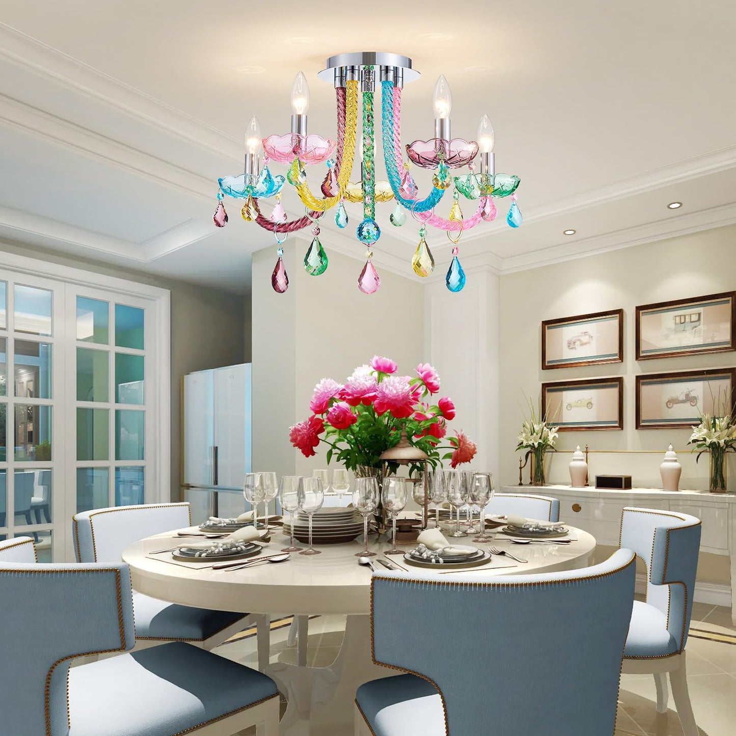 ElegLumi 5-Light Children Candle Chandeliers, Modern Candy Design Flushmount Light Fixture for Bedroom, Dining Room, Kitchen, Bathroom, D22×H16 inch, Clear Rainbow Color Finish & K9 Crystal