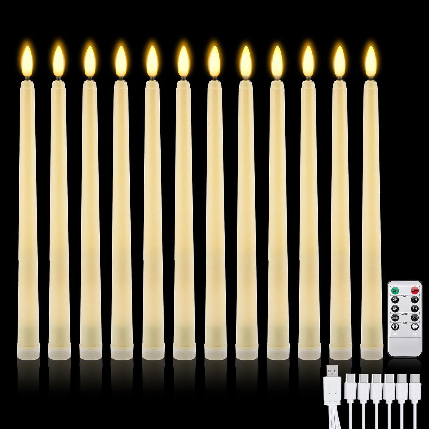 IMAGE Flameless Taper Candles with Remote, 12 Pcs LED Candlesticks 3D Wick Ivory Taper with Timer Flickering Function for Home, Wedding, Birthday Halloween Christmas (Battery Powered)